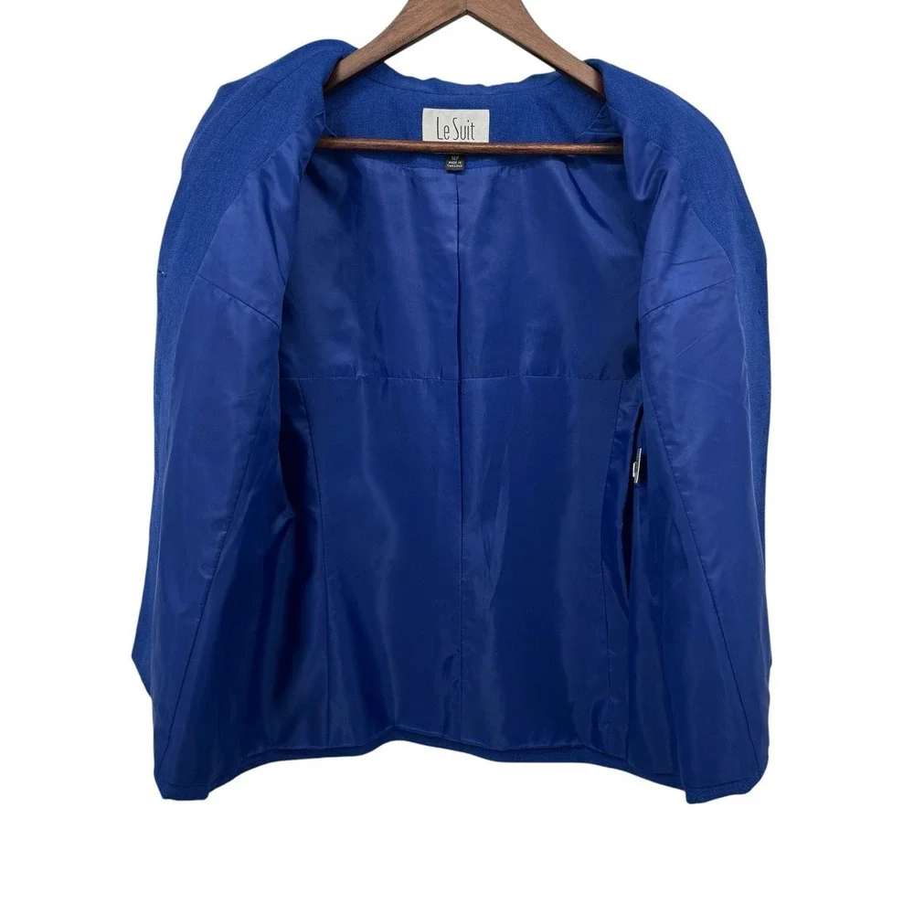 Le Suit Petite 14P Blue 2‎ Pc Skirt Suit Set Career Office Lined Short Sleeve